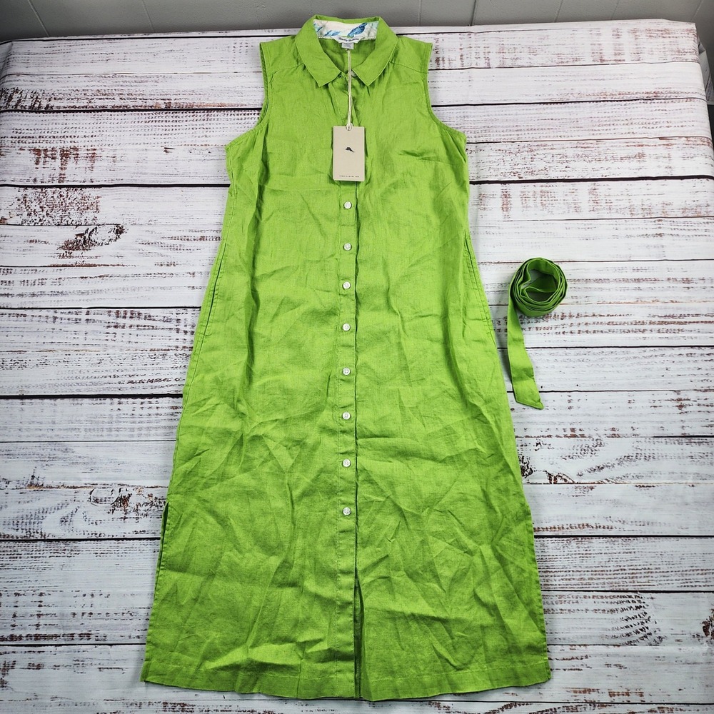 Tommy Bahama Coastalina Linen Maxi Shirt Dress XS Green Sleeveless Belted NWT